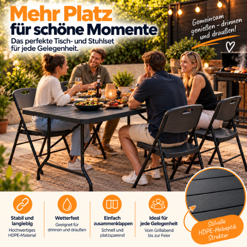 Rijoka Klappbar Gartenmöbel-Set -Holzoptik - Klappmöbel-Set Klapptisch und 4er Klappstuhl | Anthrazit – Bild 2