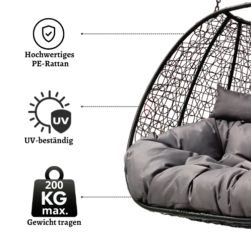 Rijoka Hängesessel Doppelt Eggy Twisted Hängestuhl - Schwarz Rattan- 2 Personen – Bild 2