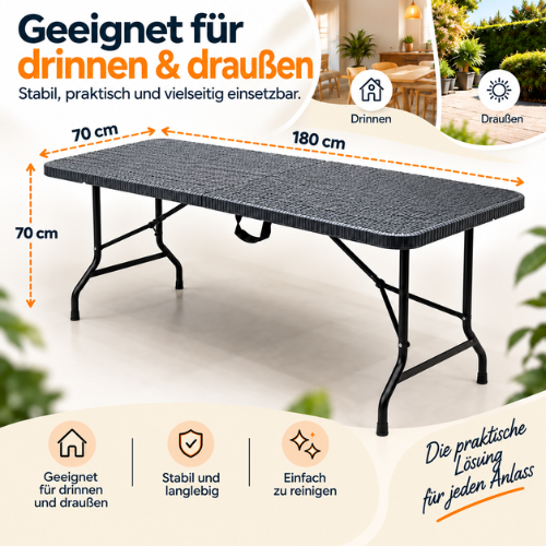 Rijoka Klapptisch Camping Rattan Gartentisch - Campingtisch Klappbar - 70x180cm - für 6 bis 8 Personen - Anthrazit – Bild 5