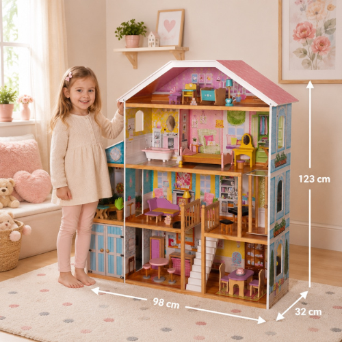 Puppenhaus aus Holz Herrenhaus Villa XXL | Möbelset 28tlg | 4 Etagen | 98x32x123 cm – Bild 3