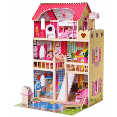 Puppenhaus aus Holz LED-Beleuchtung | Möbelset 15tlg | 3 Etagen| 60x33x90cm