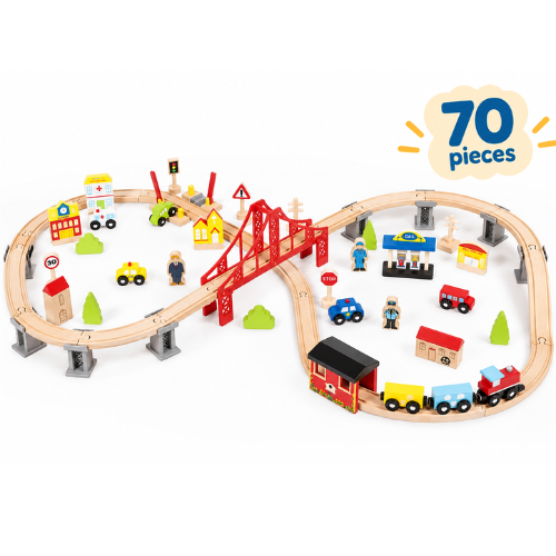 Rijoka Spielzeugeisenbahn aus Holz - 70-teilige Zugzubehör - Holzeisenbahn-Set