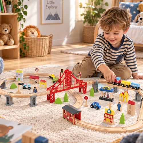 Rijoka Spielzeugeisenbahn aus Holz - 70-teilige Zugzubehör - Holzeisenbahn-Set – Bild 2