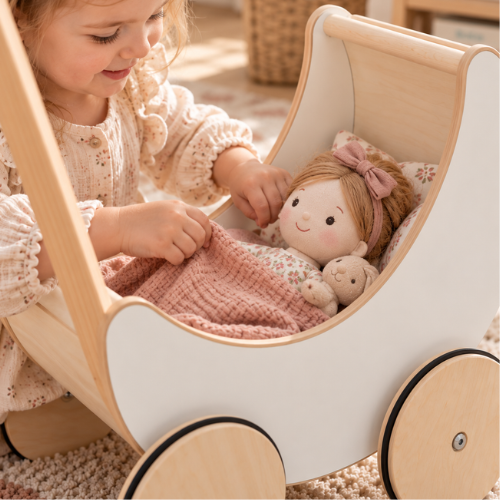 Rijoka Puppenwagen aus Holz – Lauflernwagen für Babys - Kinderwagen aus Holz - 50x30x45cm – Bild 4