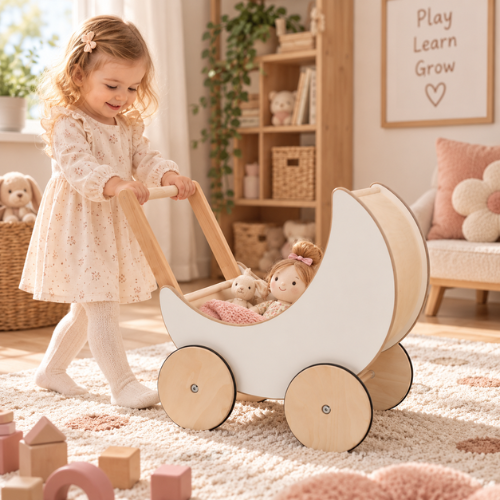 Rijoka Puppenwagen aus Holz – Lauflernwagen für Babys - Kinderwagen aus Holz - 50x30x45cm – Bild 2