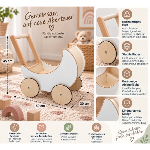 Rijoka Puppenwagen aus Holz – Lauflernwagen für Babys - Kinderwagen aus Holz - 50x30x45cm – Bild 3