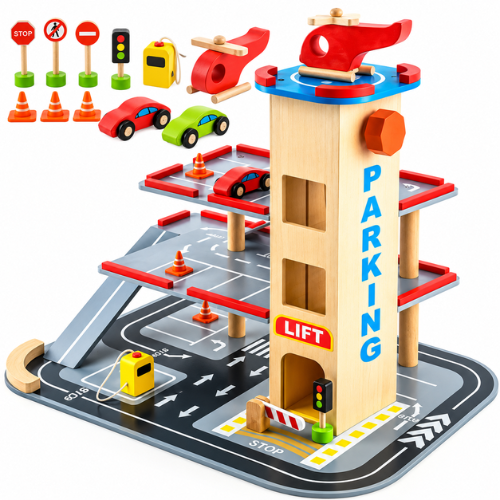 Rijoka Holzparkhaus - Parkhaus aus Holz - Parkplatz mit Aufzug - Parken - Inklusive Zubehör - 48x36x42cm