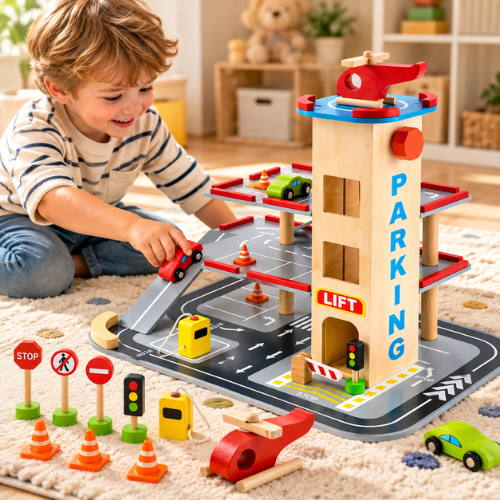 Rijoka Holzparkhaus - Parkhaus aus Holz - Parkplatz mit Aufzug - Parken - Inklusive Zubehör - 48x36x42cm – Bild 2