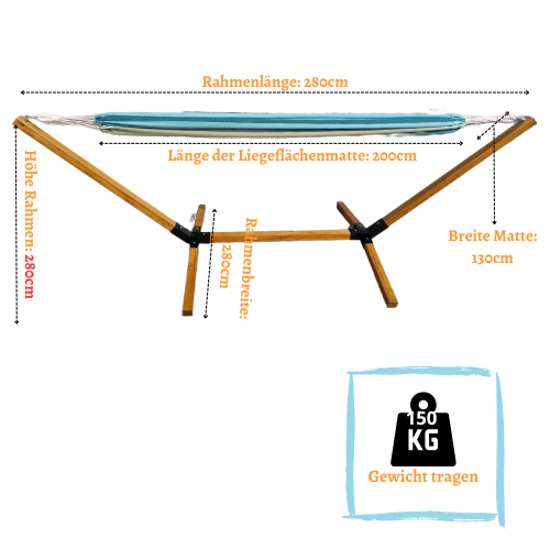 Rijoka Hängematte mit Gestell - Gartenliege mit Holzständer - 150kg Belastung - 270x100x95cm – Bild 6