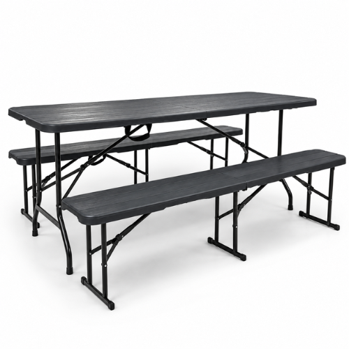 Rijoka Klappbar Gartenmöbel-Set - Holzoptik - Klappmöbel- Klapptisch mit 2 Klappbänken - Biertisch für 6 bis 8 Personen