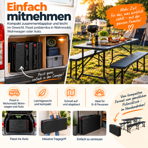 Rijoka Klappbar Gartenmöbel-Set - Holzoptik - Klappmöbel- Klapptisch mit 2 Klappbänken - Biertisch für 6 bis 8 Personen – Bild 6