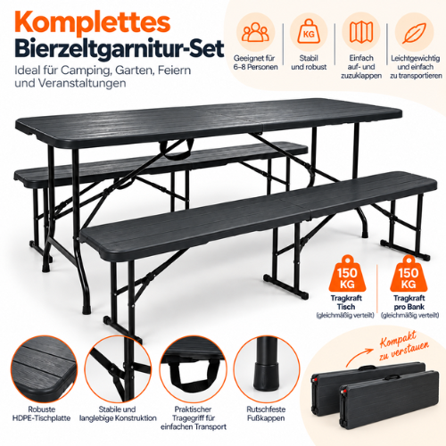 Rijoka Klappbar Gartenmöbel-Set - Holzoptik - Klappmöbel- Klapptisch mit 2 Klappbänken - Biertisch für 6 bis 8 Personen – Bild 3