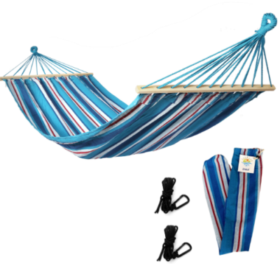 Rijoka Hängematte mit Spreizstange - 200x140cm - Blau gestreift - 1 Person - Inkl. 2 Haken, Seil und Aufbewahrungstasche