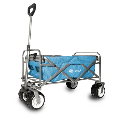 Rijoka Bollerwagen Faltbar - Teleskopstange und Offroad Reifen - Handwagen Klappbar - bis 100kg Tragkraft - 100x 62x 105cm - Jeans Blau