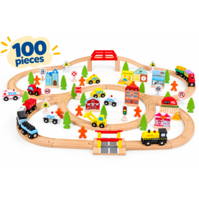 Rijoka Holzspielzeug-Eisenbahn mit Schienen – Zug-Set, 100-teilig