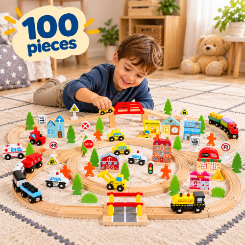Rijoka Holzspielzeug-Eisenbahn mit Schienen – Zug-Set, 100-teilig – Bild 2