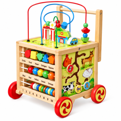 Rijoka Lauflernwagen aus Holz Würfel- Laufwagen für Babys | 33 x 33 x 47cm | Multicolor