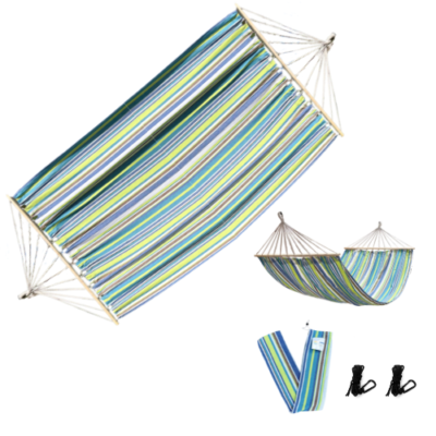 Rijoka Hängematte mit Spreizstange – 200x140cm – Blau/Grün/Braun gestreift – 1 Person – Inkl. 2 Haken, Seil und Aufbewahrungstasche - Jungle